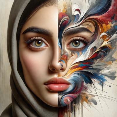 The primary subject of the image is a woman's face, which is depicted in two different ways. One half of her face is shown in a traditional, realistic manner, while the other half is shown in a more abstract, artistic style. The setting is a painting, and the visual style is a combination of photo and digital art. The colors and mood of the image are vibrant and dynamic, with a focus on the woman's eyes, which are the main point of interest in the painting.